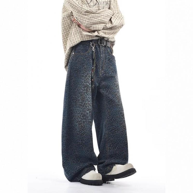 Vintage Washed Leopard Print Wide Leg Denim Pants Men Women Loose Fit Casual High Waist Straight Cut Jeans