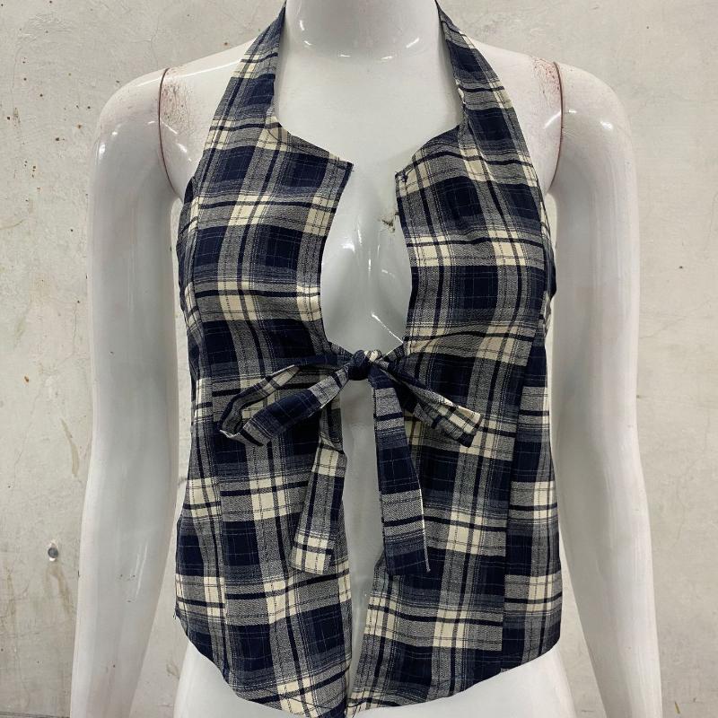 

Европейский и американский женский летний сексуальный топ без спины с бретелькой на шее в клетку L синий