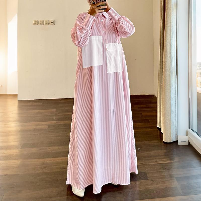 ZANZEA Women Casual Turn Down Collar Loose Long Sleeve Stripe Long Dress S