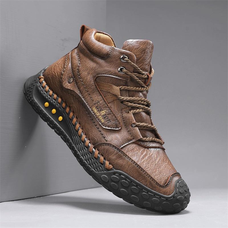 Large Size High-top Casual Leather Shoes Men's Non-slip Mountaineering Shoes Sewn Handmade Shoes Outdoor Casual Shoes