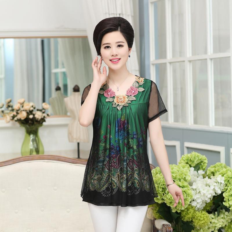 Summer Women's Plus Size Blouse Loose Mesh Printed V-Neck Short Sleeve Blouse