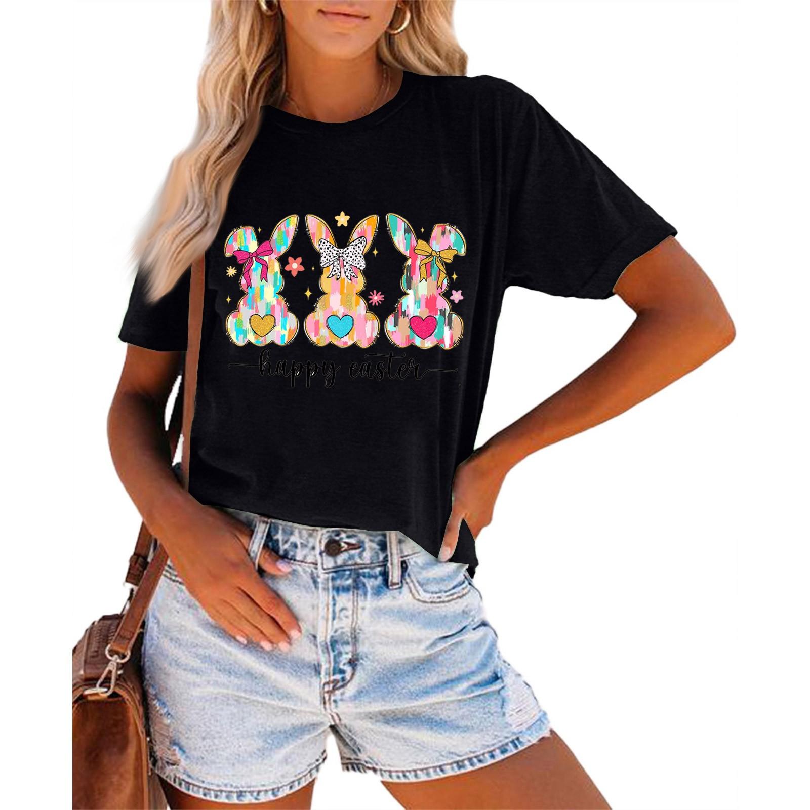 

Женская модная повседневная летняя удобная блузка с круглым вырезом и коротким рукавом с принтом L чёрный