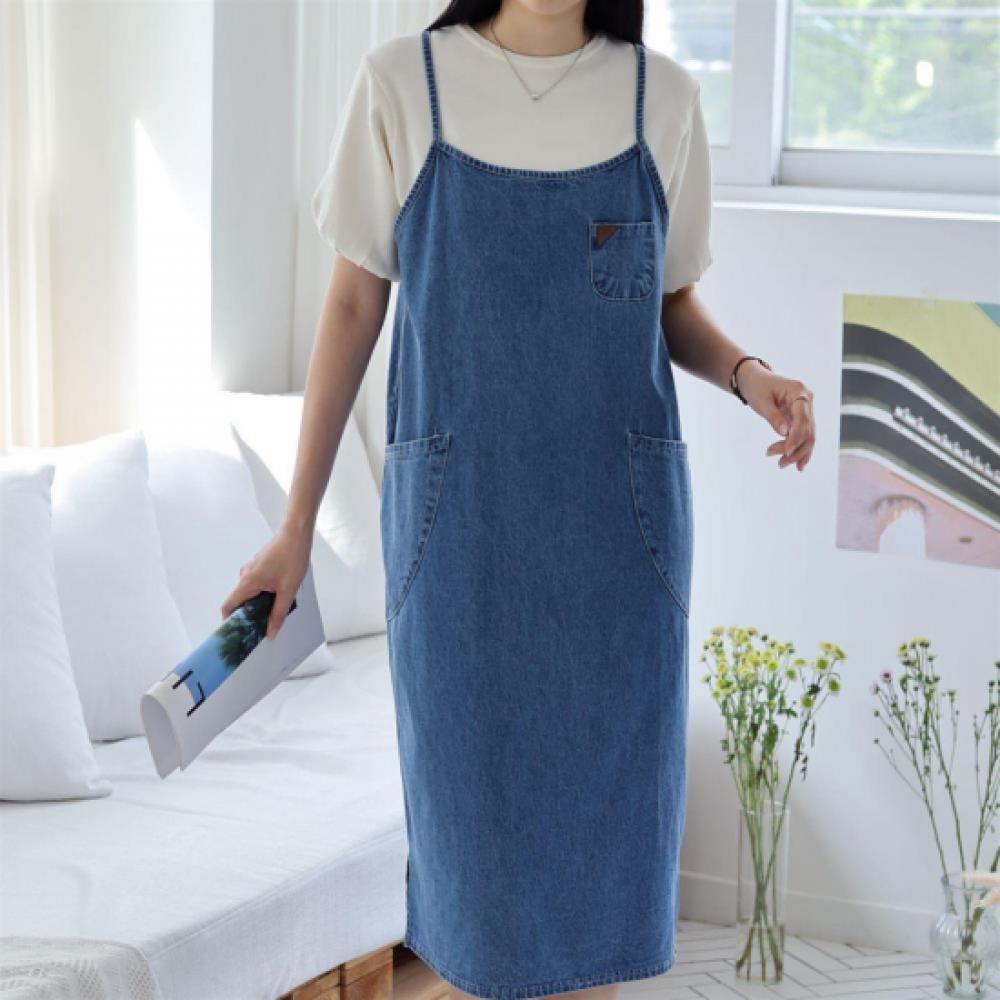 New Arrivals Open Run Women Loose Fit Pocket Slim Strap Denim Long Dress