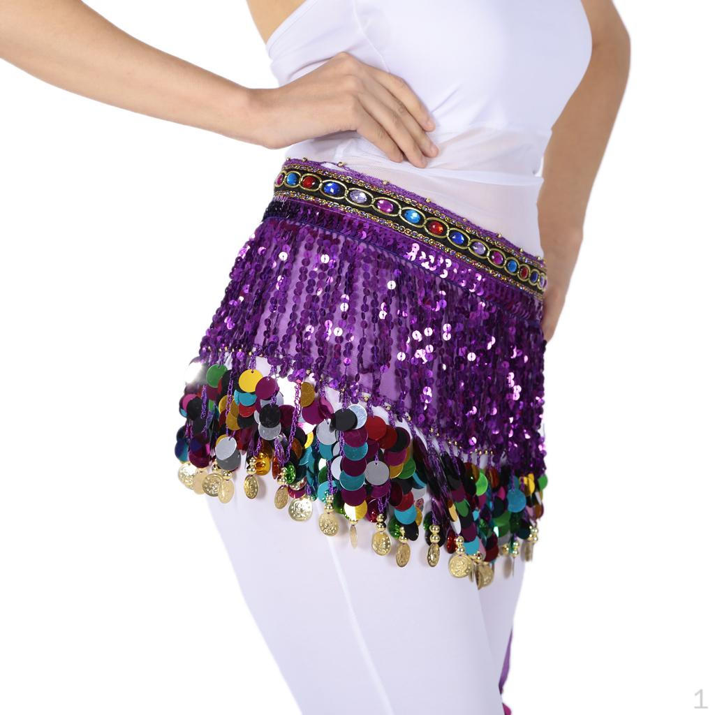 Chiffon Dangling Gold Coins Belly Dance Hip Scarf with Sequins Rhinestones Decoration,Dance Skirt