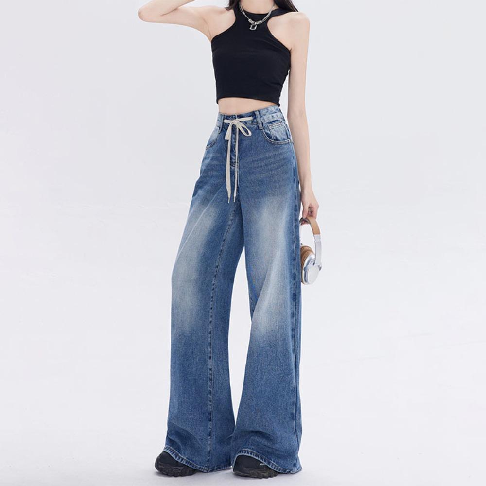 Women's High Waist Drawstring Wide Leg Jeans Vintage Blue Loose Baggy Denim Trousers Casual Oversized Pants XS‑2XL