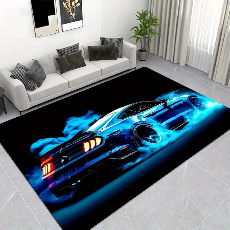 Blauer Sportwagen Design Teppich, für Wohnzimmer, Schlafzimmer, Spielzimmer Dekor - Auto Kunst Bodenmatte