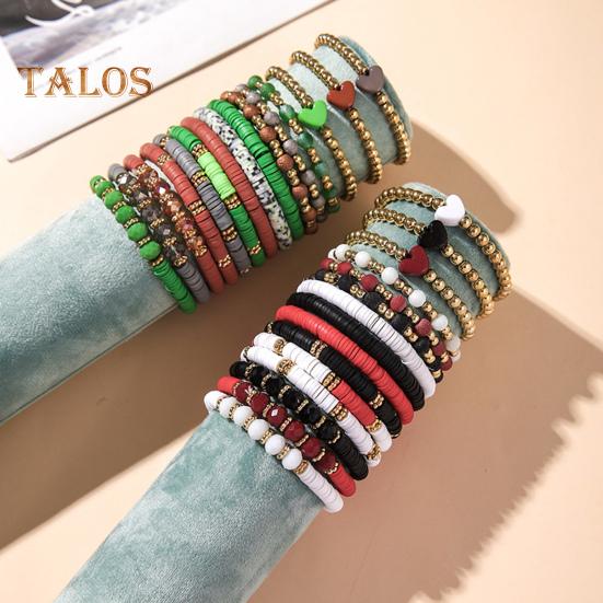5 Pcs Bohemian Bracelets Polymer Clay Multi-layer Stacking Heart Beads Contrast Color Jewelry for Beach Work Party Vacation