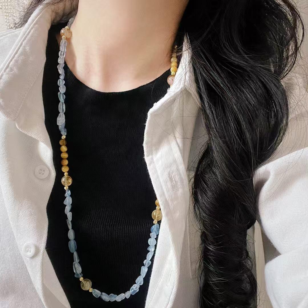 

Vintage Natural Tiger s Eye Aquamarine Sweater Chain Necklace Collarbone Chain