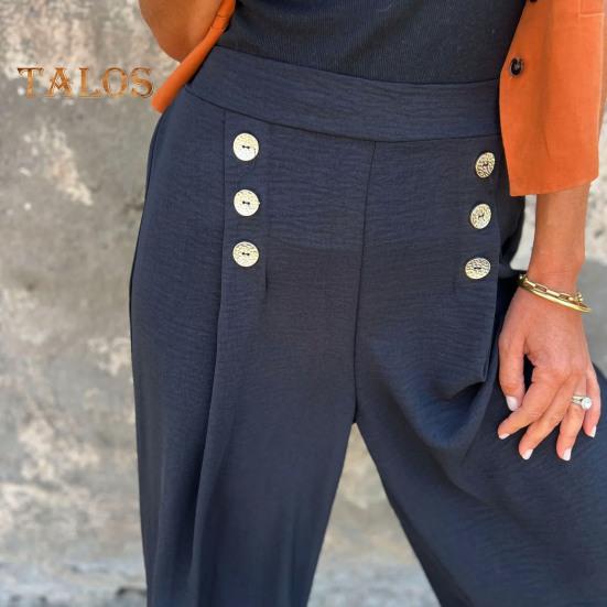 Women's Wide-Leg Pants High Waist Button Decorated Pants Casual Loose Fit Trousers for Daily Wear Travel Office