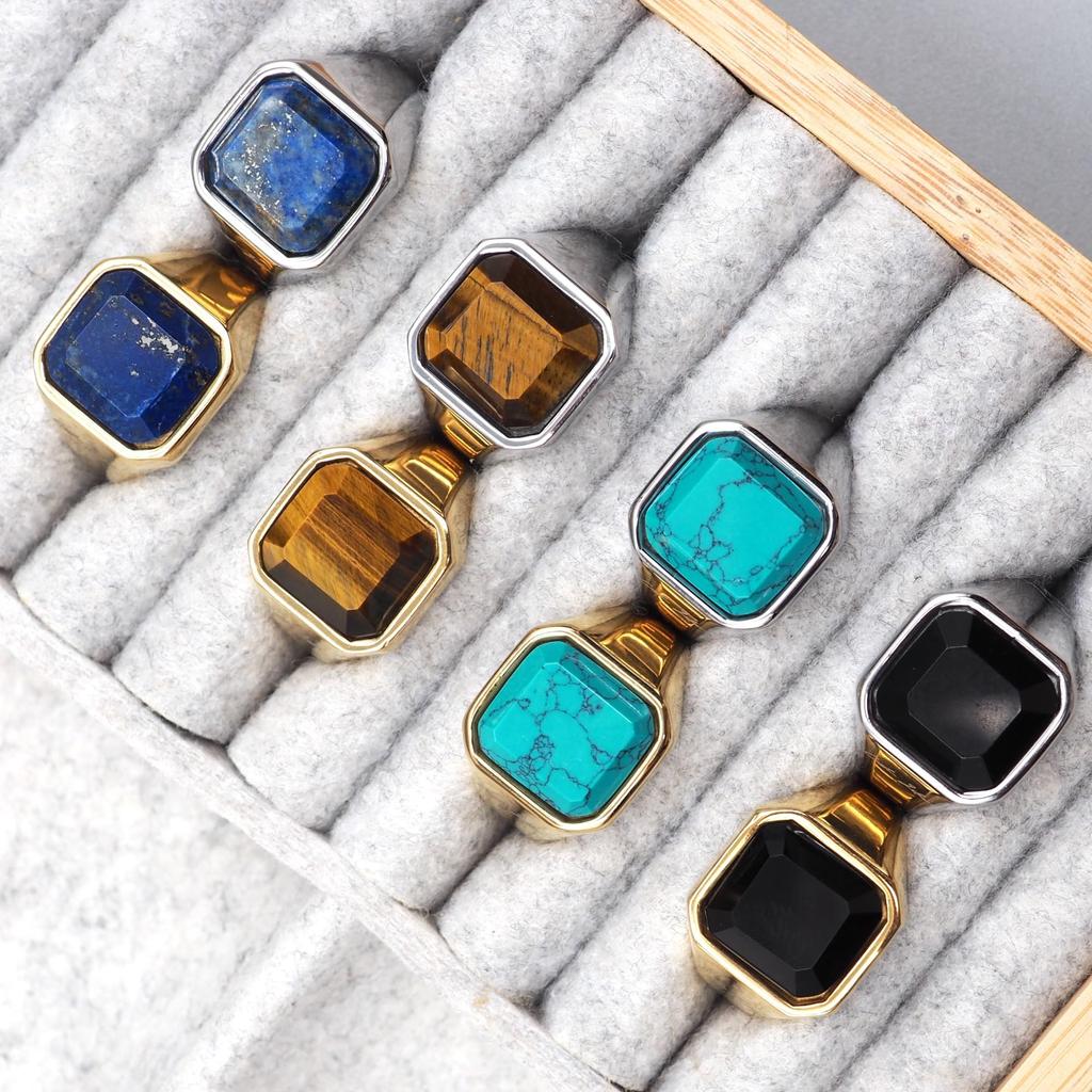 [Cisst Liber] African Jasper Signet Ring for Men and Women, Surgical Stainless Steel with Natural Stone, Gold, Sizes 13-14