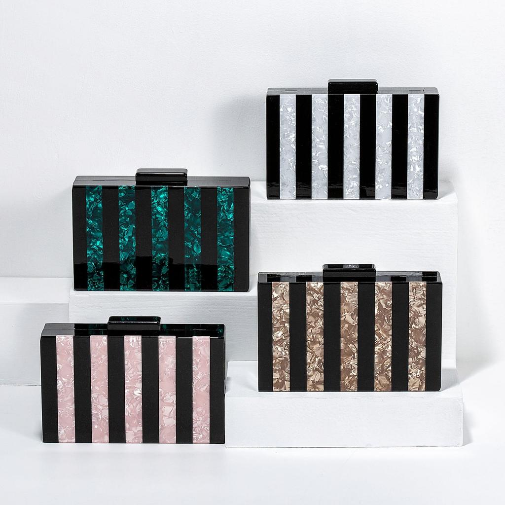 Women'S Single Shoulder Oblique Span Bag, Striped Splicing Acrylic Bag, Fashion Wedding Dinner Clutch Bag