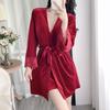 Sexy pajamas women's autumn and winter golden velvet long-sleeved suit sexy v tie chest pad suspender nightdress robe two-piece set