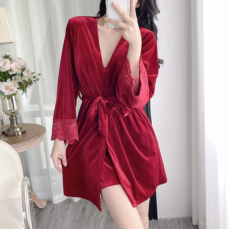 Sexy pajamas women's autumn and winter golden velvet long-sleeved suit sexy v tie chest pad suspender nightdress robe two-piece set