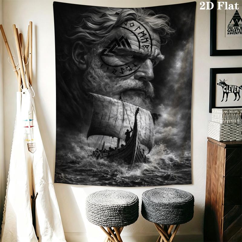 Odin Norse Mythology Tapestry, Viking God with Wolves and Ravens Wall Hanging, Valknut Symbol Wall Tapestry for Bedroom Living Room Decor