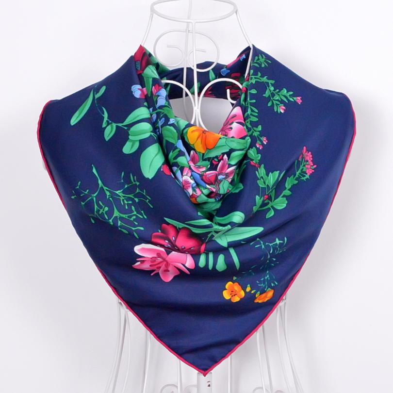 [BYSIFA] Black Plaid Letters Twill Scarves  New Floral Design Fine Hand-hemming Ladies Large Square Silk Scarf Shawl 90*90cm