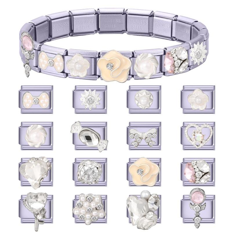 Y2K Purple Series Bow Candy Heart Flower Shiny Italian Charm Links Fit 9MM Stainless Steel Bracelet Girls' DIY Making Jewelry
