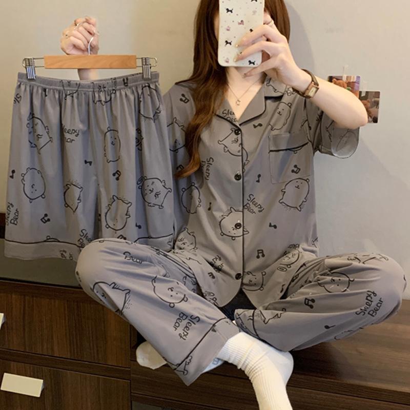 Self-Deprecating Bear Premium Gray Pajamas Women'S Summer Short-Sleeved Trousers Three-Piece Cartoon Loungewear