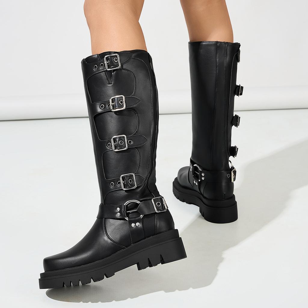 Autumn and winter single casual low-heeled knight boots - large size belt buckle high knight boots