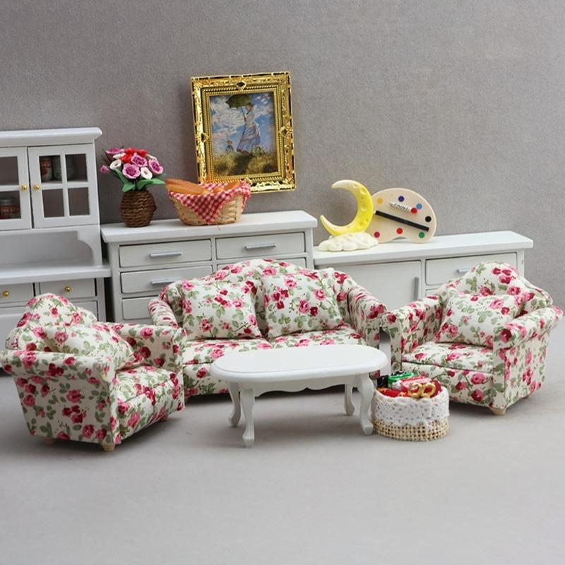 Living Room Sofa Set 1/12 Scale Wooden Base Cloth Covered Mini Furniture for Doll House Accessories and Collectibles