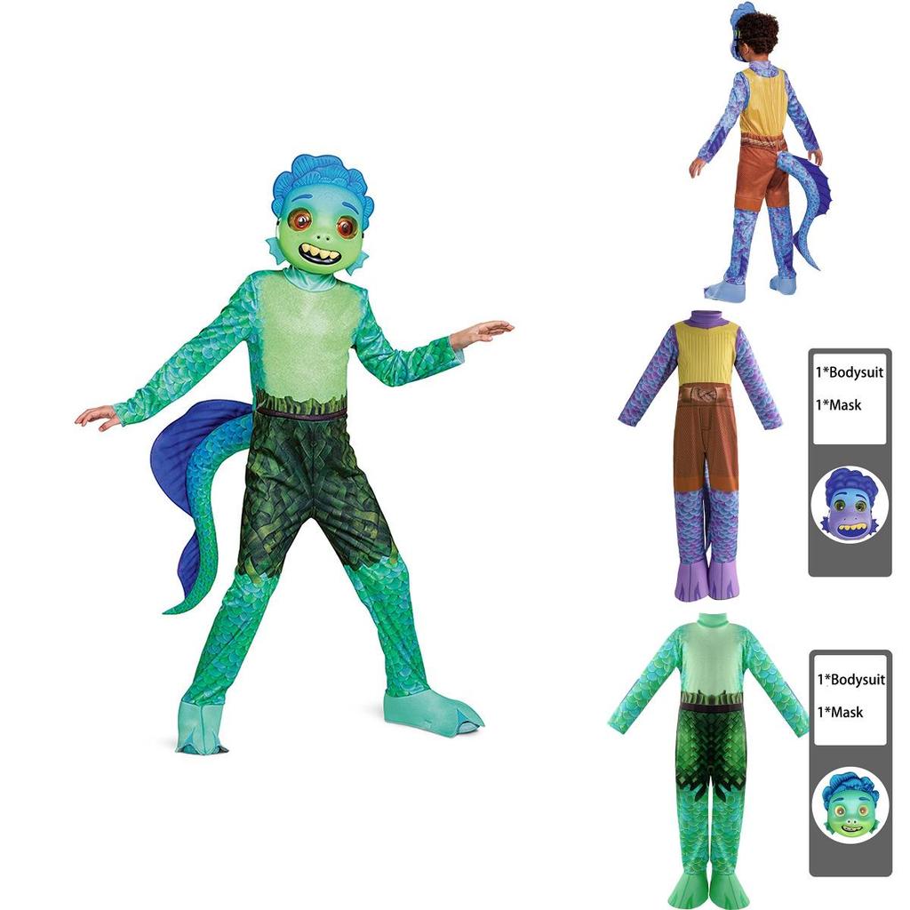 Disney Luca Alberto Cosplay Costume Set For Kids Sea Monster Halloween Carnival Party Jumpsuit With Mask