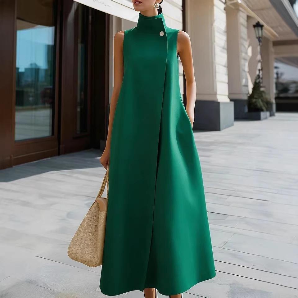 Abito midi elegante da donna, a maniche corte, con colletto alla coreana, monopetto, tinta unita, vestibilità larga, linea ad A, lungo, da ufficio