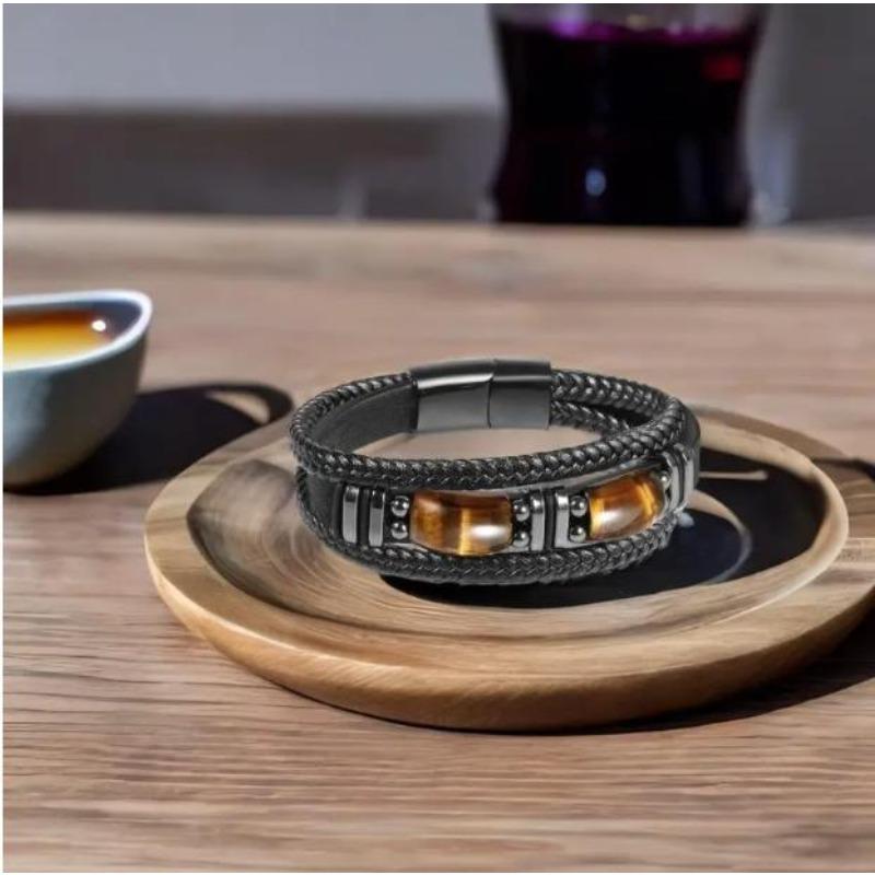 Meier Tiger's Eye Bracelet - Men's Multi-layer Cord & Leather Bangle - Stone Bracelet with Magnetic Clasp
