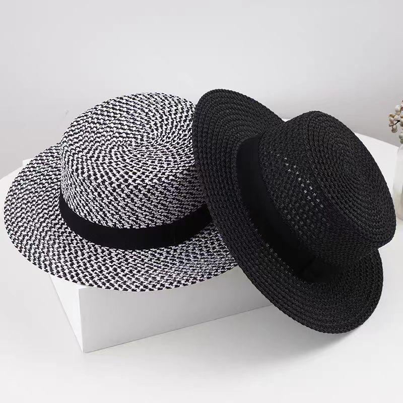 Internet Celebrity Black and White Mixed Color Big Brim Straw Hat Summer Sunshade Bow Beach Hat Children British Flat Top Hat