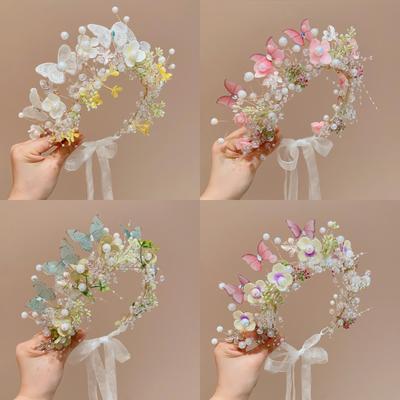 Diadema con corona de flores, diadema de flores, diadema de perlas, tocado infantil para novia