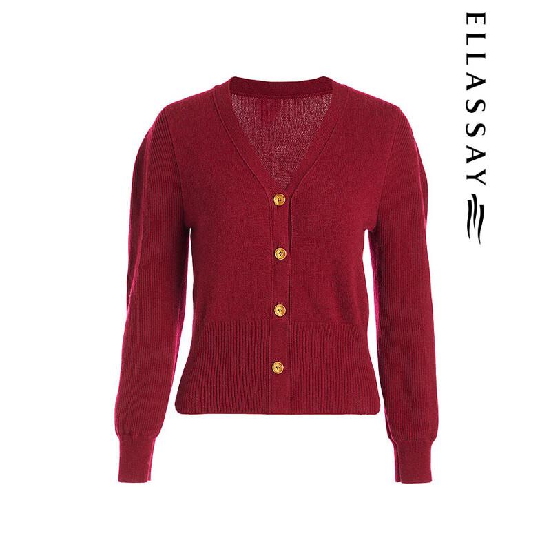 ELLASSAY Women's French Retro V-Neck Merino Wool Blend Knit Top