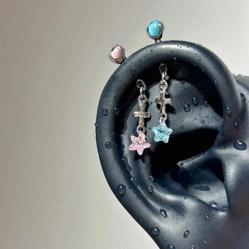 Cute Pink Red Zircon Star 316L Stainless Steel Annular Ear Bone Nail Fashion Delicate Cross Earring for Women Y2K Punk Jewelry