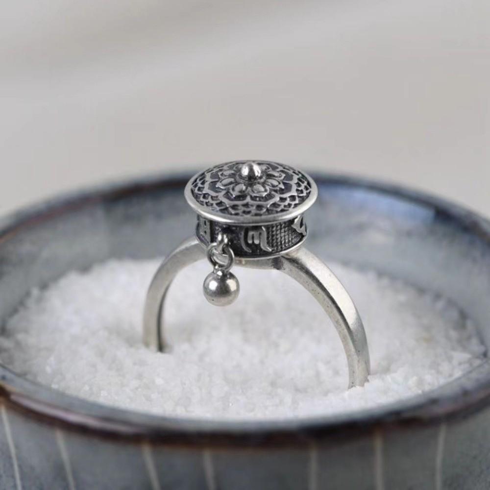 Tibetan Rotatable Spinner Ring Open Flower Fortune Wealth Ring Adjustable Ethnic Style Vintage Ring Women
