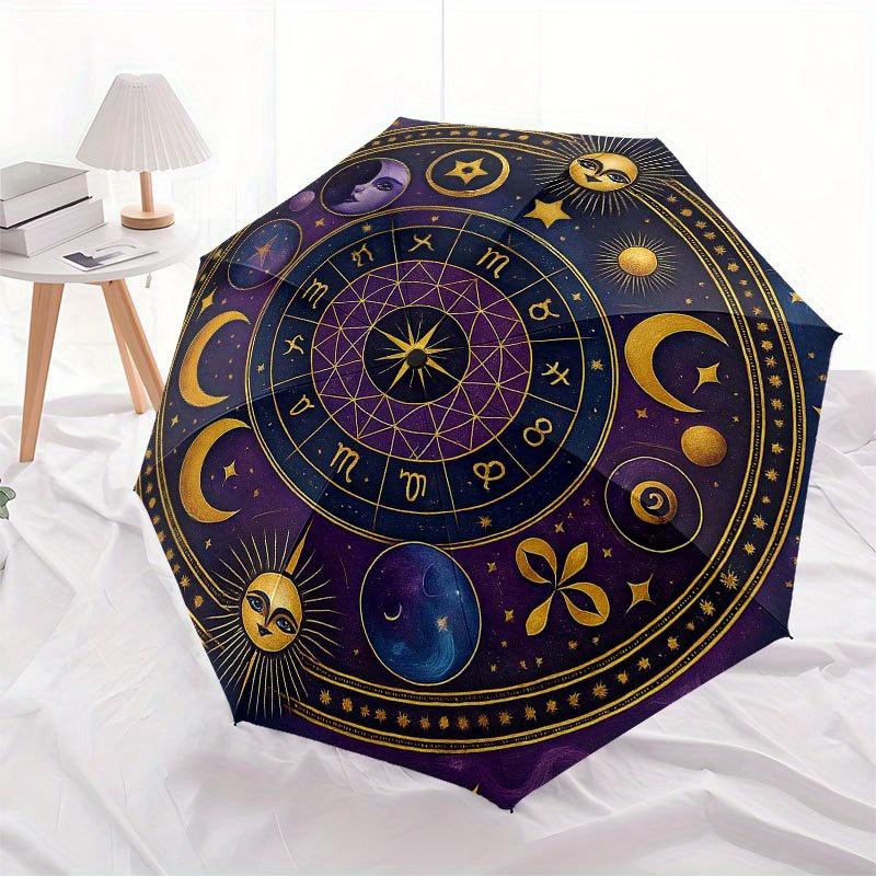 Astrological Wheel of the Zodiac: Celestial Symbols and Constellations Umbrella, Cute Umbrella with Cute Design, Portable 3-Fold Compact Umbrella for