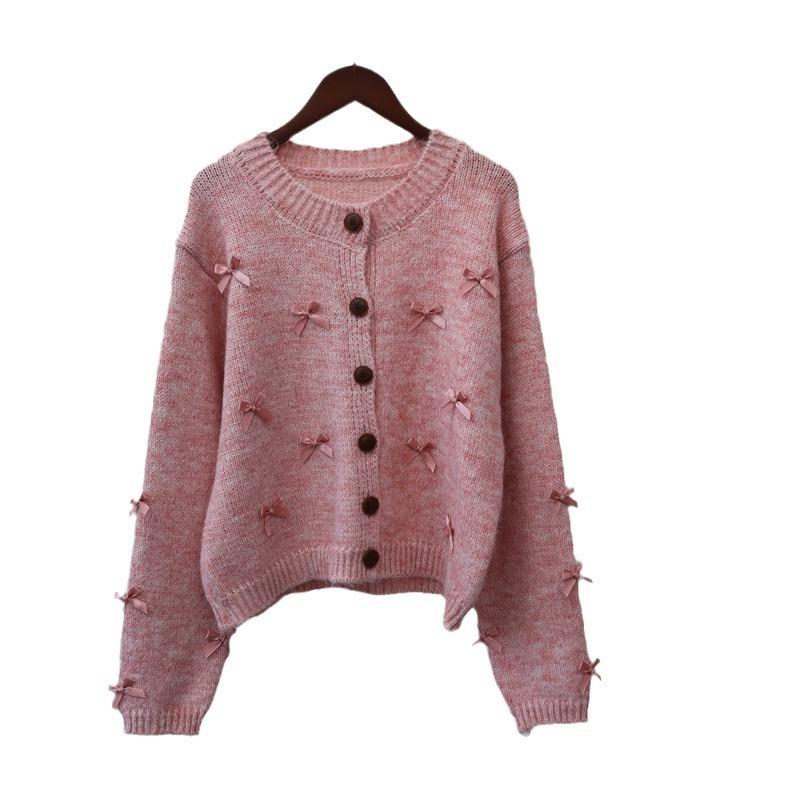 Crew Neck Bow Sweet Gentle Wind Knitted Cardigan Autumn and Winter New Design Sense Loose Sweater Jacket Women