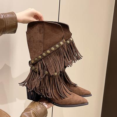Studded Tassel Mid-Thigh Boots Autumn New Pointed Toe Suede Sleeve Soft Sole Non-Slip Wear-Resistant Block Heel Shoes