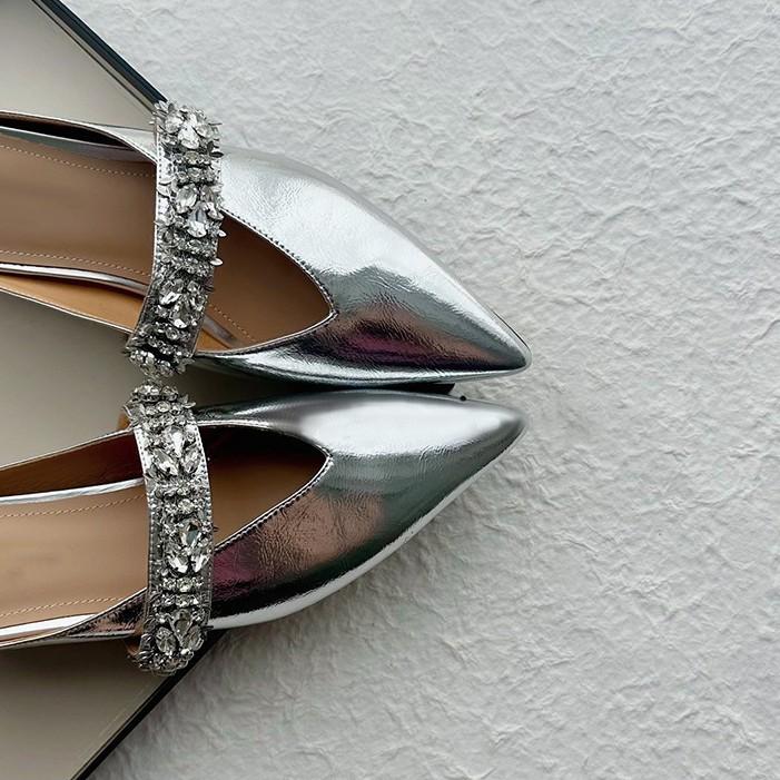 Sheepskin version~ Zhao Ruth's same one-word with rhinestone bag head slippers women's retro summer thick-bottomed pointed half slippers