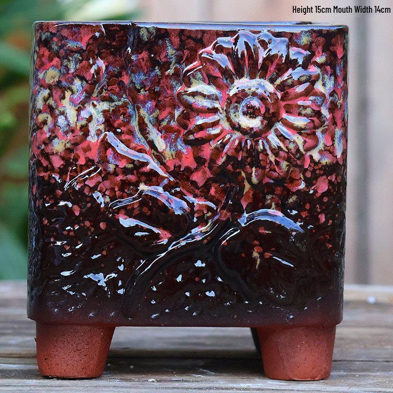 Handgefertigter unregelmäßiger quadratischer Keramik-Blumentopf für Sukkulenten - Pflanztopf mit großem Durchmesser für Mischbepflanzung