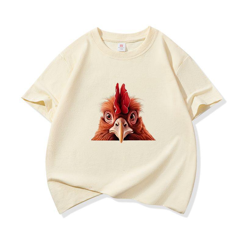 Kids Cotton T Shirt Cute Peeking Chicken Print Crew Neck Short Sleeve Tee Casual Breathable Boys Girls Summer Tops