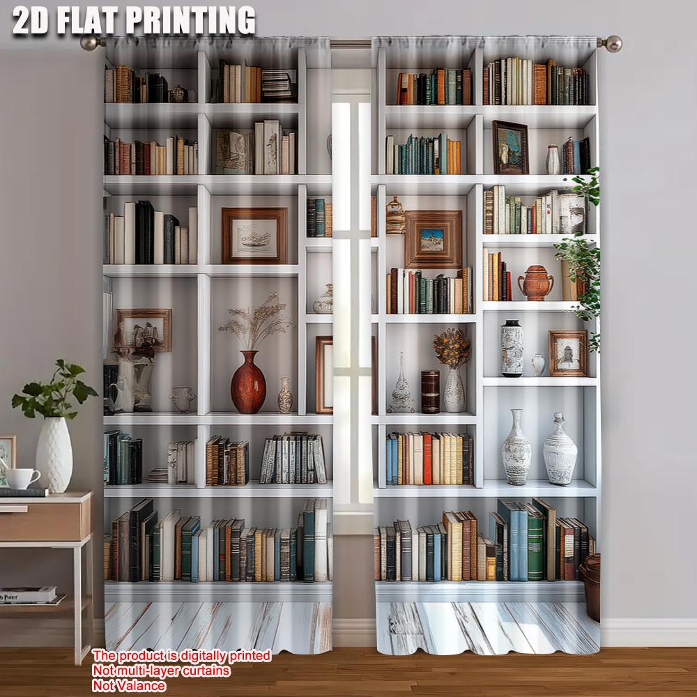 

2pcs 2D flat printing Party Window Curtains Bookcase Books Vases And Frames Fabric Without Electricity Wall Decor Use for 100*130 HOOK 1pcs