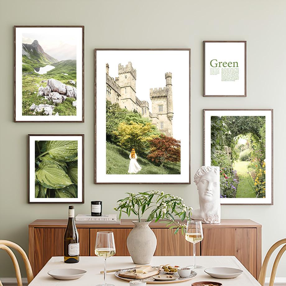 Cuadro sobre lienzo para pared carteles nórdicos e impresiones cuadros de pared para decoración para sala de estar, castillo de montaña, flores silvestres, hojas verdes