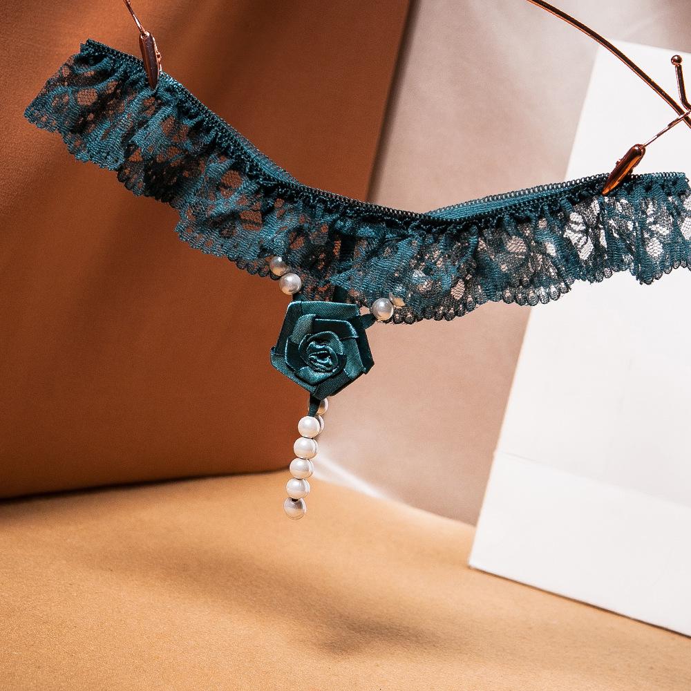 European & American Style Beaded Lace-Edged Sexy See-Through Thong for Women