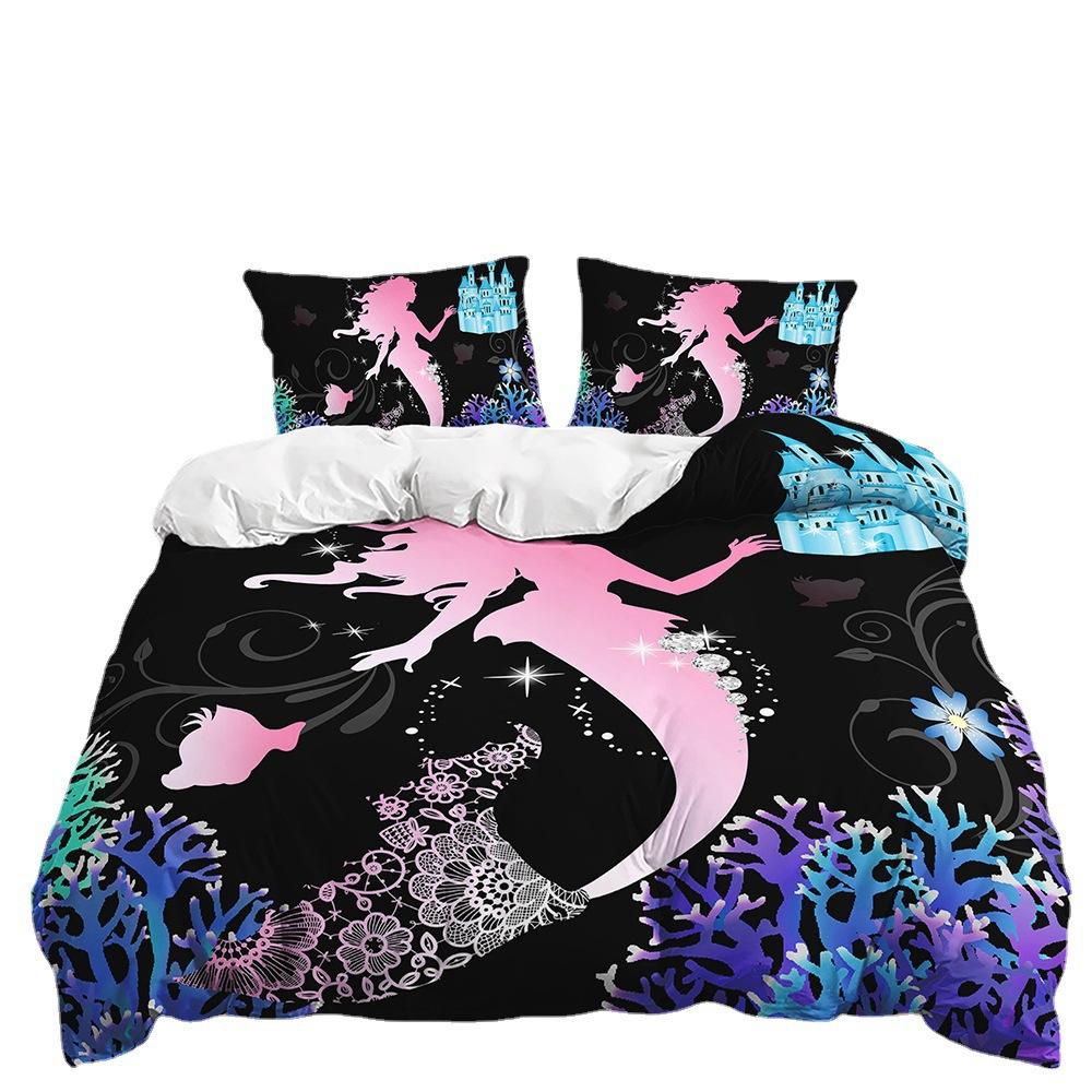Three-Piece 3D Quilt Cover Digital Printing Mermaid Kit Double Bedding