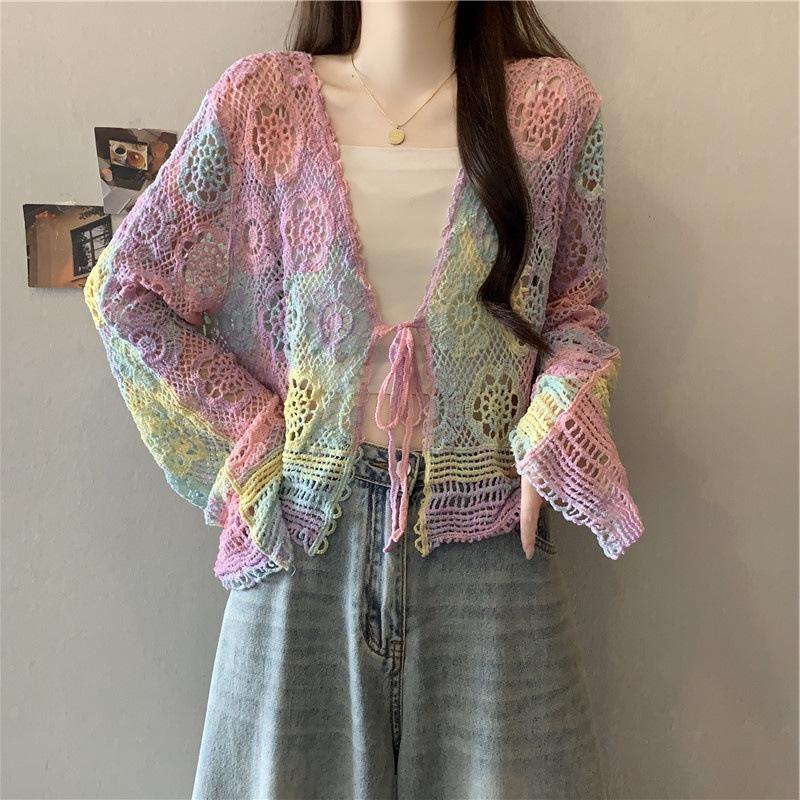 Rainbow Gradient Plus Size Crochet Cardigan - Long Sleeve, Hollow Sun Protection, Versatile Top 4XL разноцветный
