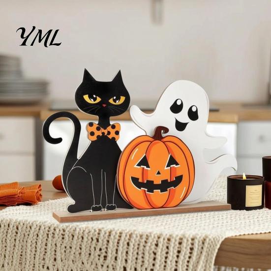 Compact Festive Ornaments Halloween Table Decor, Wooden Black Cat Ghost Pumpkin Decorations Indoor Cute Burr Free Wood Crafts Gifts, Room Decor