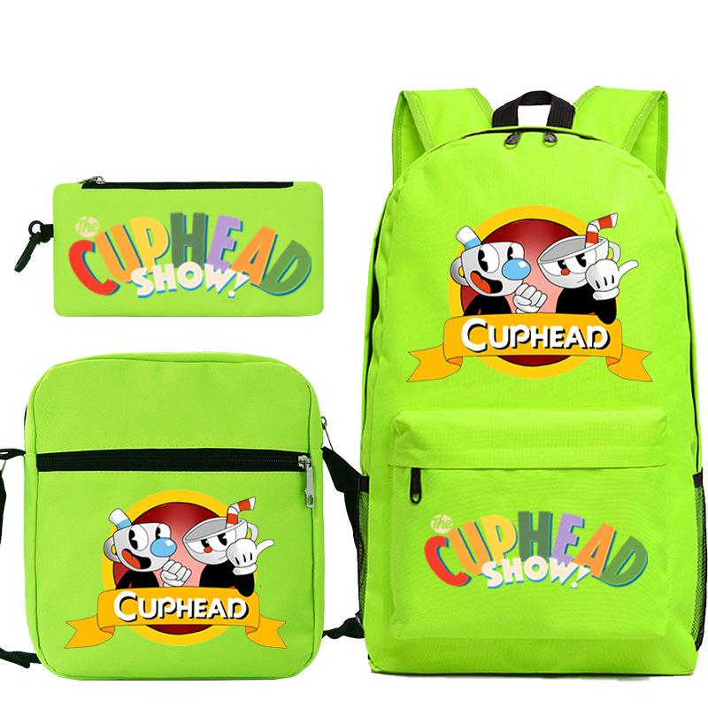 Cartoon Teacup Head Cuphead Student School Bag Backpack Three-piece Set Children's Shoulder Bag Pencil Bag