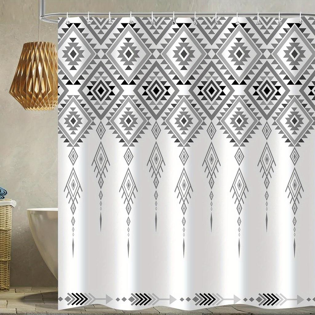 Southwestern Aztec Tribal Geometry Shower Curtain - Grey & White, Polyester, Includes 12 Hooks, All-Season Woven Bath Decor