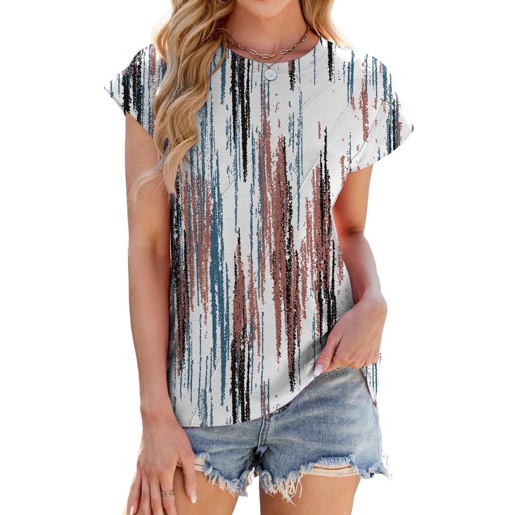 Summer New Round Neck Striped Loose Short Sleeved Women T-shirt Top
