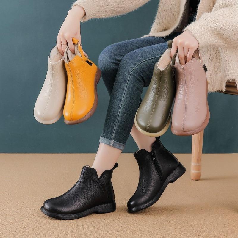 Pantofi Damă de Toamnă-Iarnă Timpurie 2025 din Piele Naturală, Botine, Moi, de Modă, de Firmă, Pantofi de Petrecere pentru Doamne, Mărime Mare 42, Bej, Negru