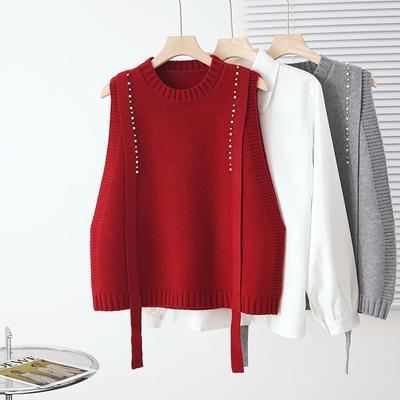 Perlenbesetzter Rundhals-Pullover Strickweste Weste Damen Frühling und Herbst Lockerer Westenpullover Winter