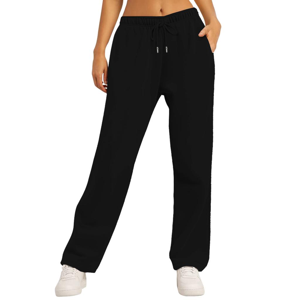 Women's Mid Waist Straight Sweatpants Loose Fit Drawstring Casual Wide Leg Trousers With Side Pockets
