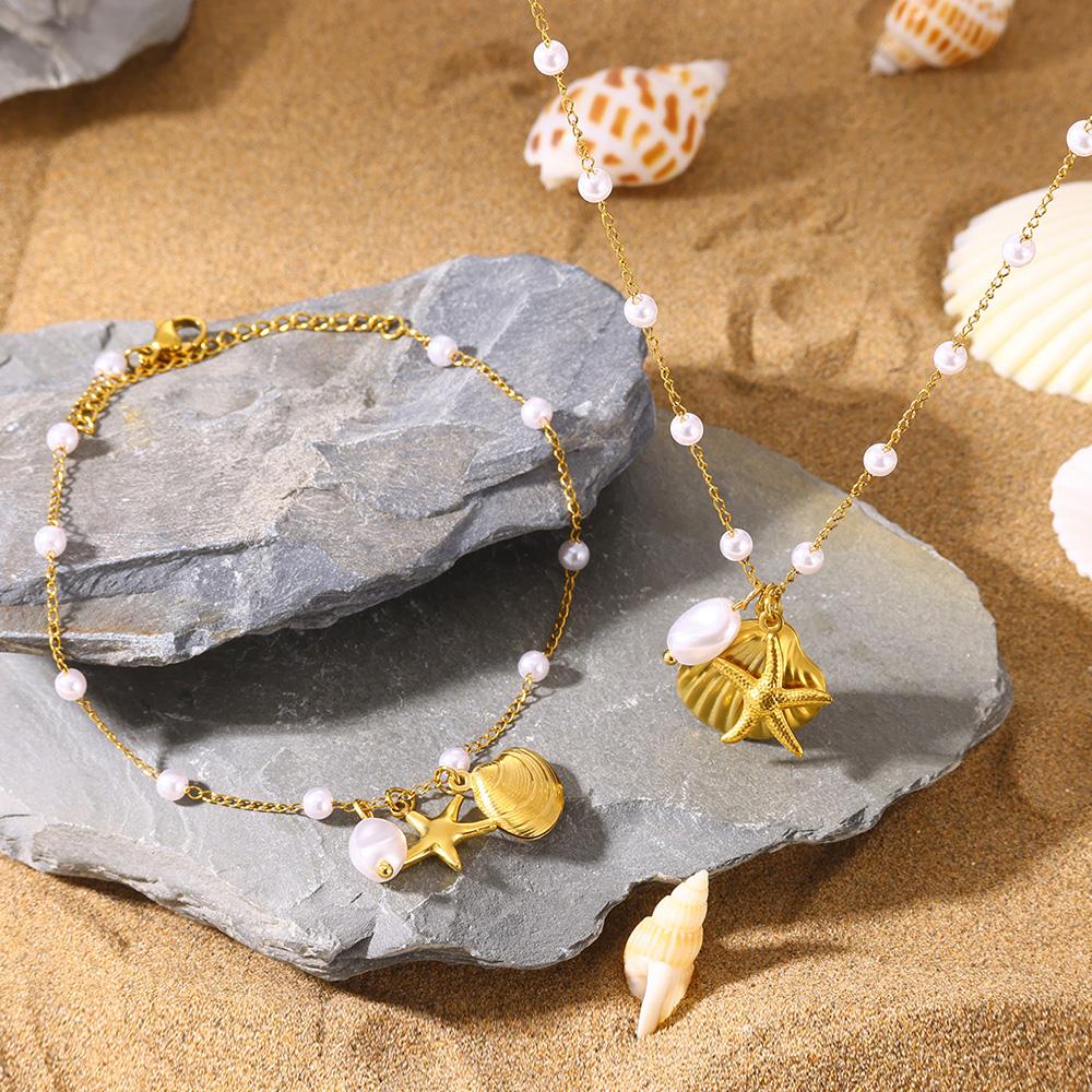 Freshwater Pearl Jewelry Set Shell Starfish Star Necklace Anklet Sets For Women Fashion Stainless Steel Chain Party Daily Gifts